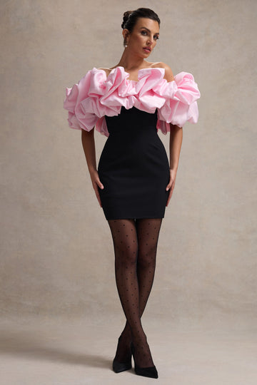 Macaron Black Bardot Mini Dress With Pink Ruffle Trim
